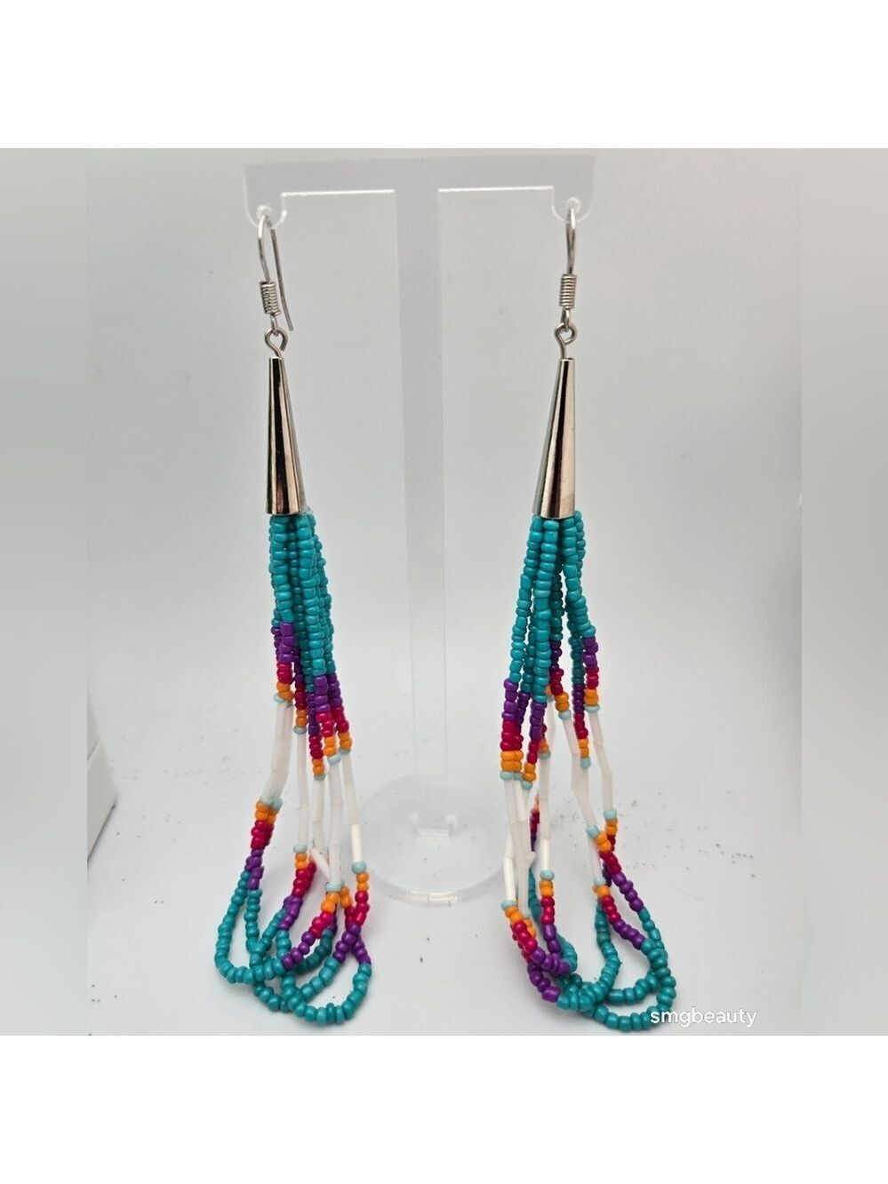 Handmade Beaded Turquoise Purple White Earrings Native Inspired Boho 5.5” New